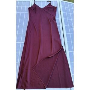 Burgundy Wine Satin Midi Slip Dress Minimalist Chic Graduation Dress V-Neck Sz S